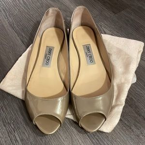 Jimmy Choo Beck Peep Toe Flat Khaki Metallic Patent Leather Gold Enamel Heel